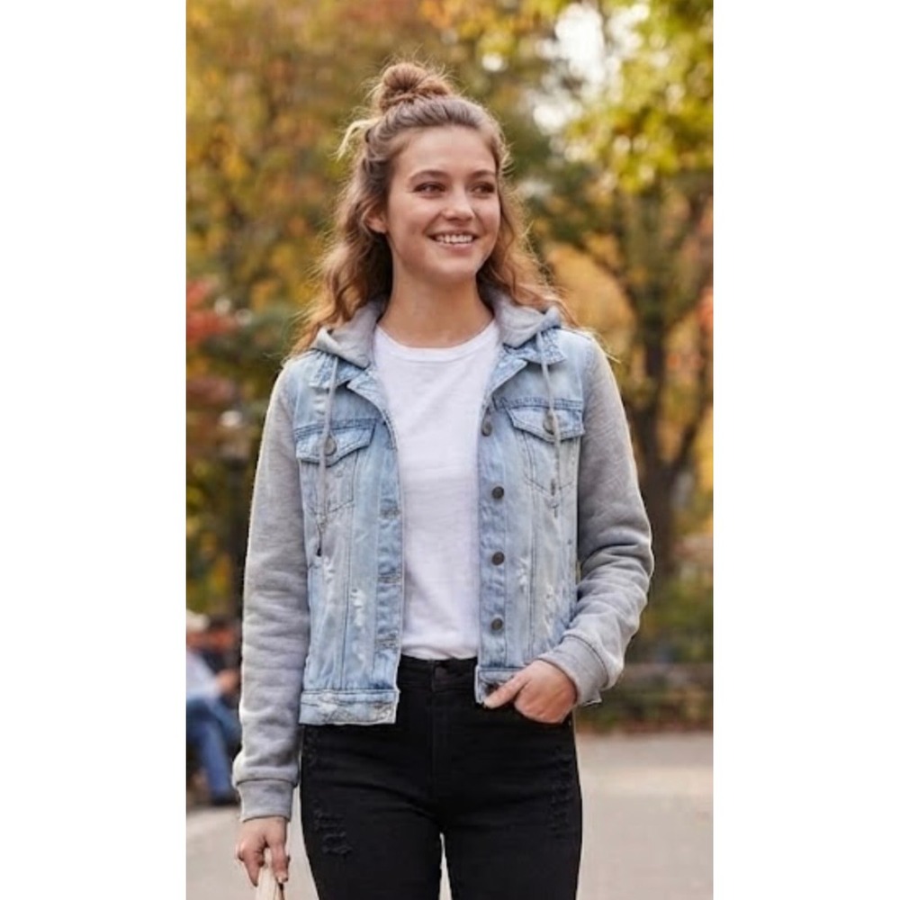 Hollister Women Large Denim Jacket Grey Knit Sleeves Hooded Light Distressed
